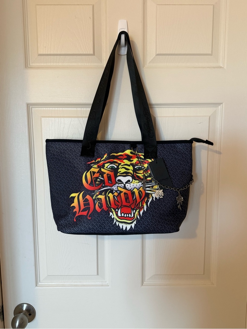 Ed Hardy Black Tote with Multicolor Tiger Graphic and Logo